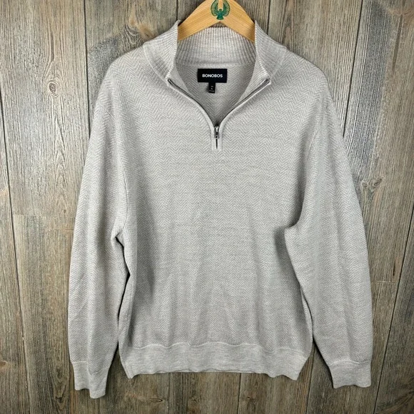 Bonobos Quarter Zip Herringbone Sweater Mens XL Slim Extra Fine Merino Wool Tan - Picture 2 of 7